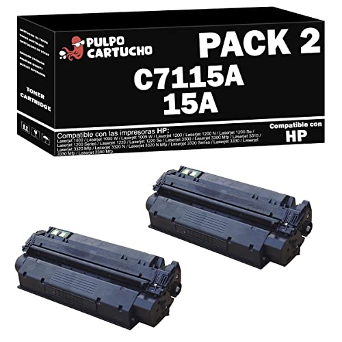Pulpo Cartucho   Toner C7115A Negro Compatible con HP C7115A / Ref. 15A   Pack 2   Valido para Impresoras Laserjet Series 1000/1005 / 1200/1220 / 3300/3310 / 3320/3330 / 3380