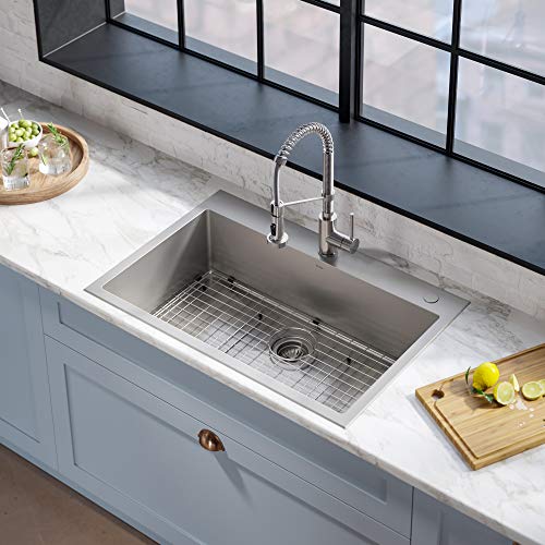Kraus Kca-1102 Stark Dual Mount Drop Sink And Pull-Down Commercial Kitchen Faucet Combo In Stainless Steel Finish, 33"- Single Bowl #TOP4