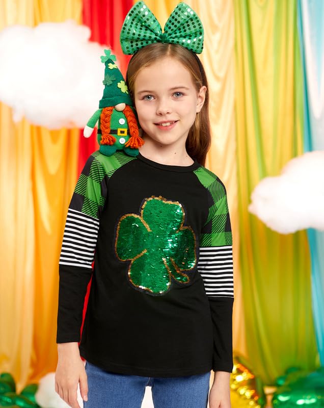 Image of BesserBay Girls St Patrick's Day Raglan Shirt Irish Sequin Lucky Stripe Shamrock Graphic Top 4-14 Years
