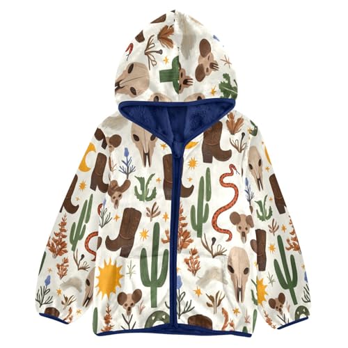 Western Themed Pattern Design Toddler Fleece Jacket Girl Boys Hooded Fleece Jacket Coat Warm Outwear Zip-up 3-10T