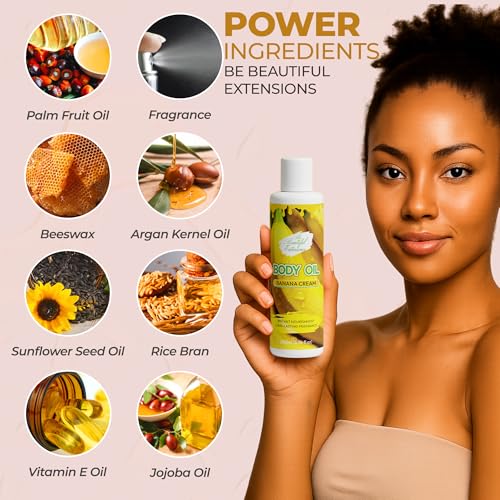 Image of Body oil designed for Deep Hydration to nourish, protect, and rejuvenate the skin while leaving it with a soft, radiant glow a banana cream scent long -lasting fragrance jojoba oil and more 6.76oz