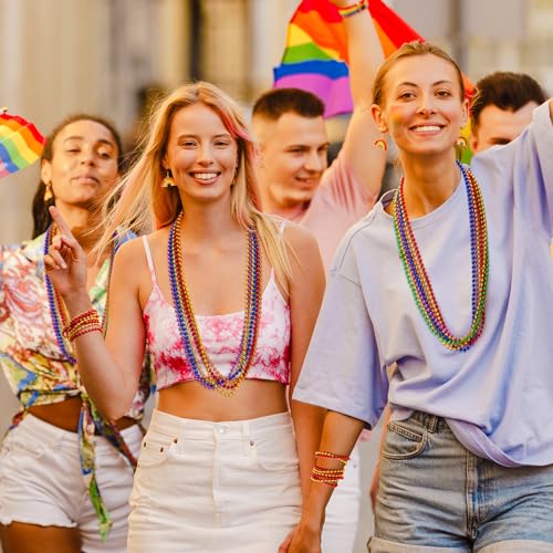 Image of EOBOH 12PCS Pride Accessories, Pride LGBTQ Beads Necklace Stuff, Metallic 6 Kinds of Rainbow Necklace Bulk, Gay Lesbian LGBT Costumes Decorations for Pride Month Parade Throws Party Favors