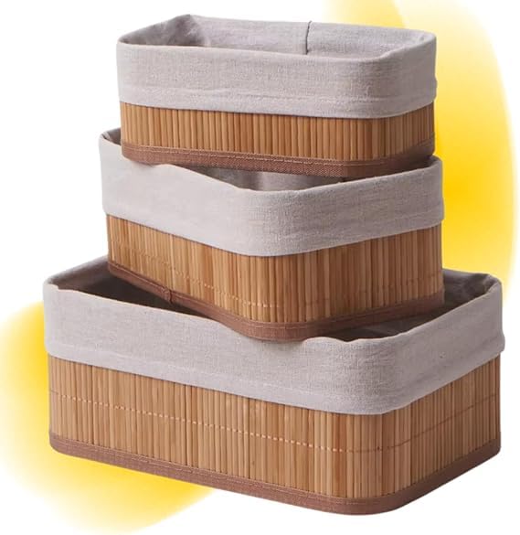 Conjunto de 3 Cestos Organizadores em Bambu com Forro, 33x23x12cm...