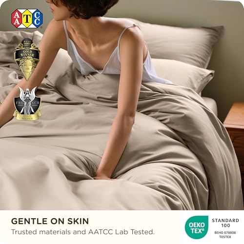 Image of Bedsure Cooling Duvet Cover King Size, Cotton & Viscose Derived from Bamboo Duvet Cover Set, PureWoven Ultra-Soft, Breathable & Lightweight Home Bedding for All Seasons (Khaki,104 inchx90 inch)