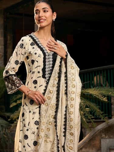 Image of INDO ERA Women's Embroidered Pure Cotton Calf Length Straight Kurta Pant With Dupatta