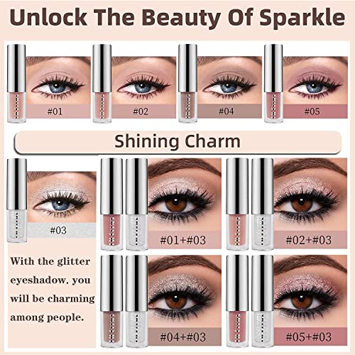 4Pcs Matte Liquid Eyeshadow + 1Pcs Sparkling Glitter Eyeshadow Set, Korean Makeup, Neutral Naked Nude Bling Eye Shadows,Quick Drying,Waterproof, Long Lasting,One Swipe Eye Make Up Kit For Natural Crystals Makeup #TOP3