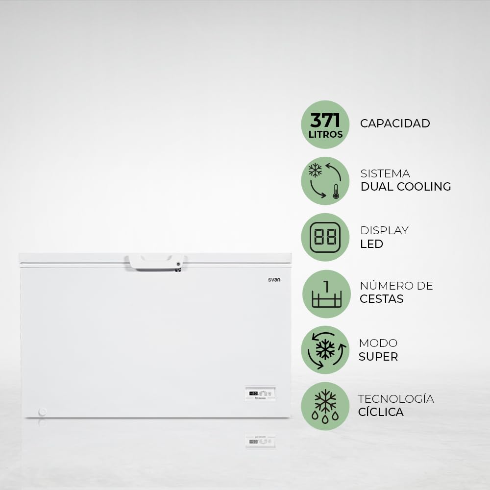 Svan Congelador horizontal Blanco SCH4001EDC. Capacidad 371 Litros, Dual Cooling, 1 Cesta, Bajo nivel Sonoro, Eficiencia Energética Clase E