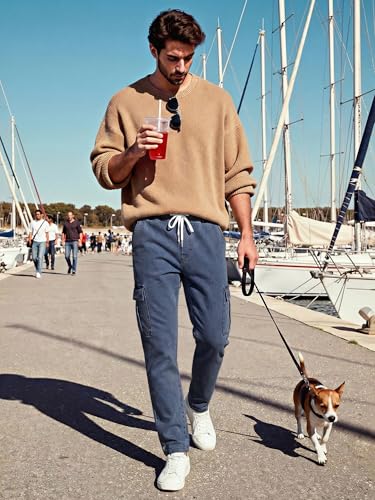 Image of JMIERR Men's Elastic Waist Cargo Jeans Stretch Denim Pants with Drawstring Relaxed Fit for Casual Daily Wear