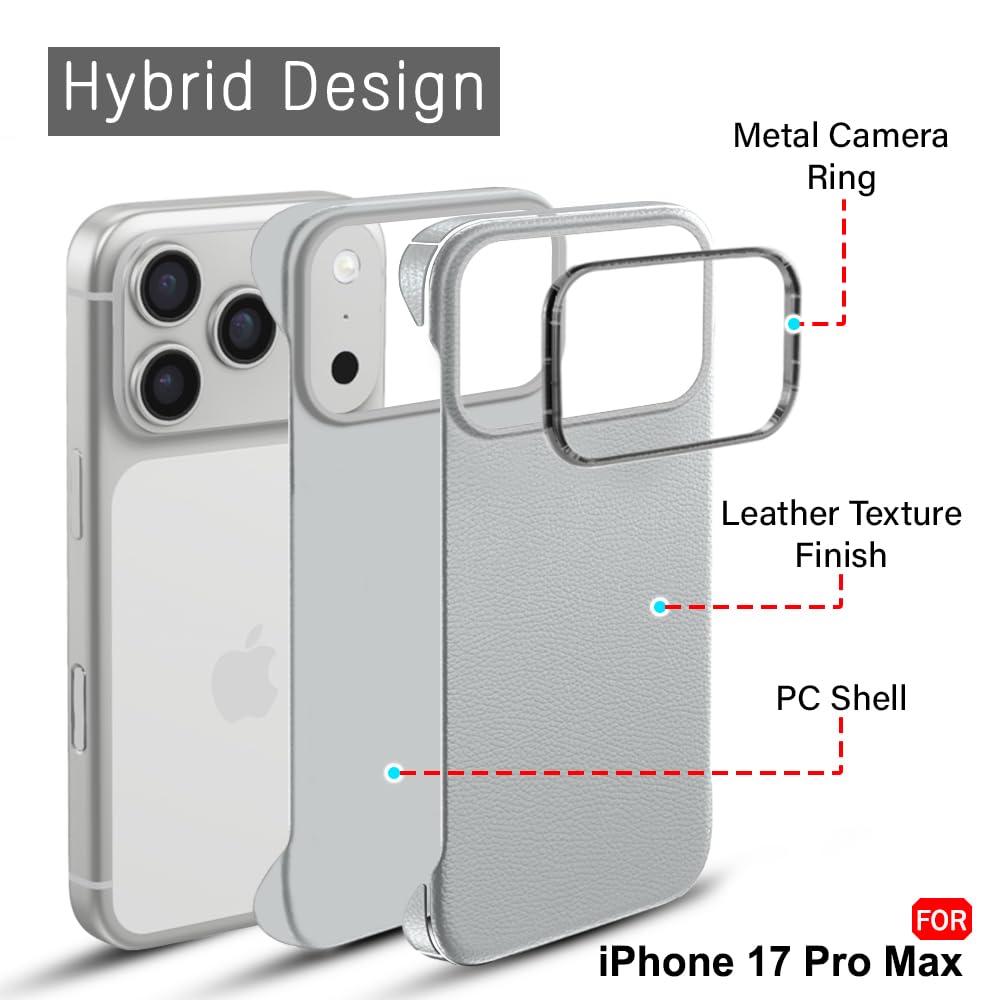 TheGiftKart Hybrid Ultimate Slim Back Case Cover for iPhone 17 Pro Max | Lightweight Profile | Hard Cover Case Cover for iPhone 17 Pro Max (PC & TPU, Metal Camera Ring, Leather Texture Finish, Grey) — Amazon image 3