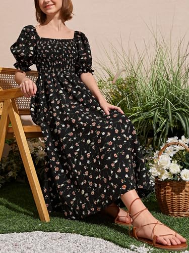 Floerns Girl's Floral Print Puff Short Sleeve Shirred A Line Long Dress4