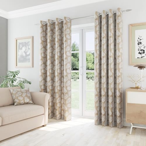 Oakland Latte Leaf Print Thermal Blockout Curtains with Eyelet Top - 46 x 54 inch (117x137cm) - Energy Saving & Noise Reducing Curtains for Living Room & Bedroom