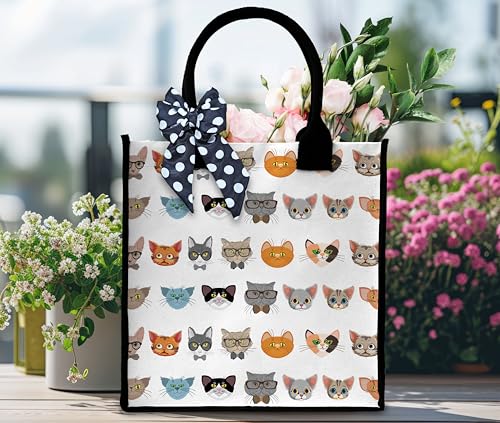 Cat Tote Bag For Women, Cute Kitten Tote Bag, Kitty Canvas Tote Bag For Traveling Shopping Gym, Cat Lover Gift Tote Bag With Ribbon, Aesthetic Beach Tote Bag Gifts For Women Cat Owners Friends -333