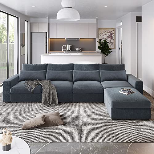130-Inch Oversized L-Shaped Modular Corner Sectional Sofa Deep Seat Reversible Chaise Cloud Cushion Down Feather Sofa Couch with Movable Ottoman and 4 Lumbar Pillows for Home Apartment Living Room