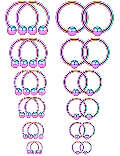 Ruifan 12PRS(24PCS) 16G Surgical Steel Horseshoe & Captive Bead Nose Hoop Septum Earring Eyebrow Tongue Lip Nipple Helix Tragus Piercing Jewelry Rings 6-16mm Rainbow