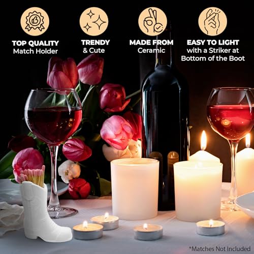 Cowboy Boot Ceramic Match Holder with Built-in Striker - Rustic Western Home Decor - Vintage Farmhouse Aesthetic-Kitchen, Bathroom, Fireplace & Candle Lighting - Unique Gift for Western Lovers (White)3