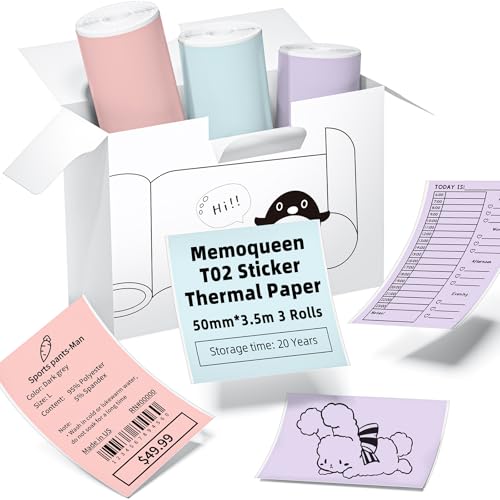 Image of Phomemo T02 Color Sticker Thermal Paper, Pink /Cyan /Light Purple | Strong Sticky, for T02 M02X Mini Printer, DIY Journal, Color Labels,Study Notes, Memos