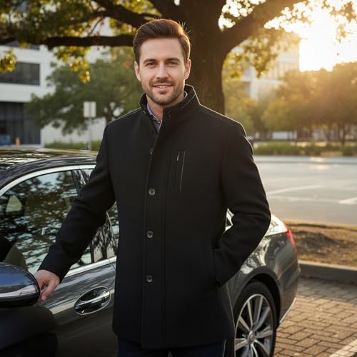 MODFUL Men's Wool Coat Mid Length Warm Casual Overcoat Peacoat Trench Winter Jacket (Black, 2XL) - Image 2