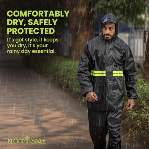 Image of Bloomingdale Rain Coat For Men & Women Waterproof Bike Raincoat For Men With Pant Set Reflective Raincoat For Women, Boys & Girls Adjustable Top And Bottom Rain Coat For Women With Bag - Black Green