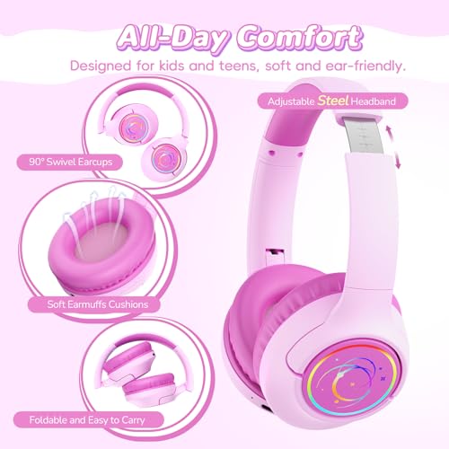 Image of Kids Bluetooth Headphones, 85H Playtime Wireless Headphones for Kids, Colorful LED Lights, 85 /94dB Safe Volume Limit, Bluetooth 5.4 Built-in Mic Toddler Headset for Tablet /Airplane (Fuscia Pink)