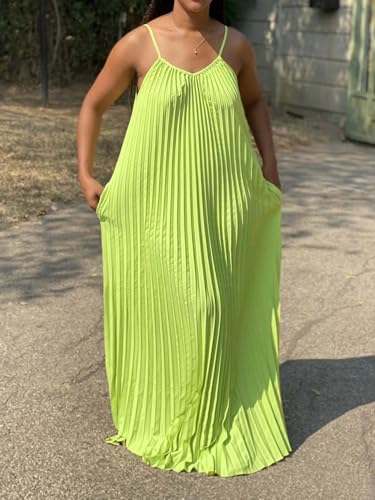 Image of Women's Summer Casual V Neck Sleeveless Strappy Pleated Flowy Loose Maxi Long Beach Dress