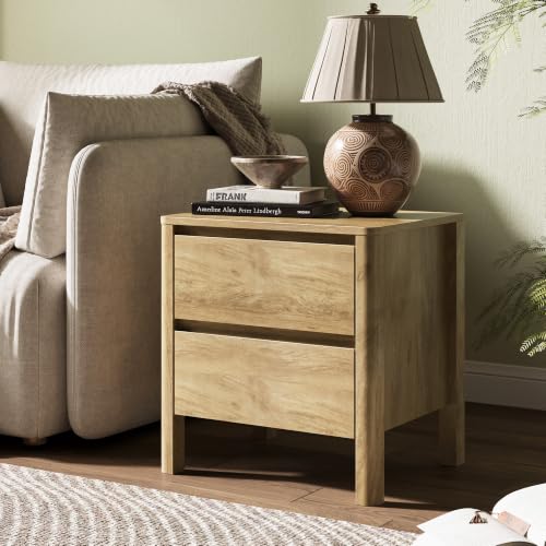 Image of MAISONARIA Oak Nightstands Set of 2, Mid Century Modern Bedside Table with Hidden Handles and Wood Legs, Wooden End Table with 2 Drawers for Bedroom