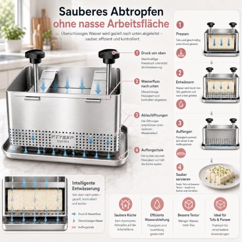 Foto von Tofupresse Edelstahl 304, verstellbare Tofu Presse mit Abtropfschale & Käsetuch, BPA-frei, spülmaschinenfest, Käsepresse für Tofu, Paneer, Käse & Gemüse (XL)