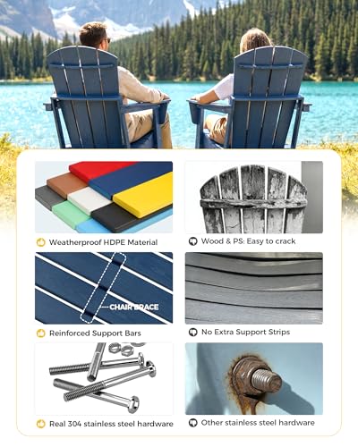 Image of Folding Adirondack Chair Set of 2, Lightweight - Portable HDPE Patio Chair, All-Weather Space-Saving Foldable Fire Pit Seating for Camping, Backyard, Deck-Navy Blue
