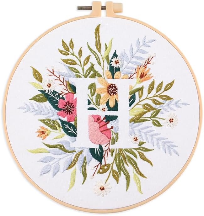 Amiiba Embroidery Starter Kit with Letter H Pattern, DIY Full Range Stamped Embroidery Cross Stitch Kits for Beginners Adults (Letter H)