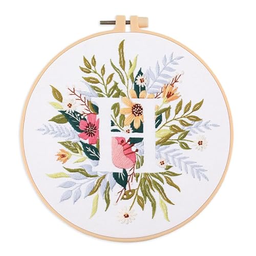 Amiiba Embroidery Starter Kit with Letter H Pattern, DIY Full Range Stamped Embroidery Cross Stitch Kits for Beginners Adults (Letter H)