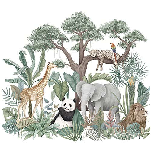 Tropical Green Plant Jungle Animal Wall Stickers, Removable Large Tree Vinyl Wallpaper Decal, Diy Art Murals For Kids Bedroom Nursery Home Decor (A) #TOP6