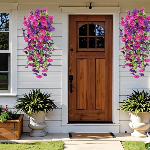 4PCs Hanging Morning Glory UV Resistant Artificial Outdoor Flowers,Faux Flowers for Planters,Hyeflora Cascading Plants Garden,Wedding,Patio,Home Decor,Porch,Yard(Purple Red,2 Bunches/4Pcs)