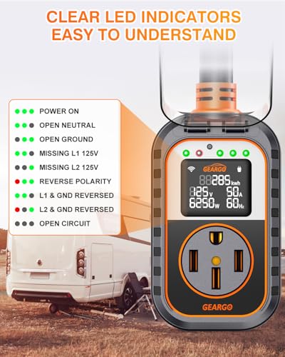 Image of GEARGO First RV Surge Protectors 50 Amp with App Control & Smart LED Display,Smart 50 Amp RV Surge Protector with Real Time KWH, Voltage Monitor, 18000 Joules LED Display Circuit Analyzer for Camper