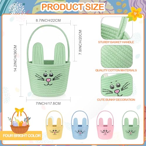 Image of Teenyyou Woven Easter Baskets Woven Bunny Baskets with Handles Eggs Hunt Bucket Rabbit Cotton Rope Basket Baby's First Easter Basket Gift for Toddler Boys Girls(Macaron Green)
