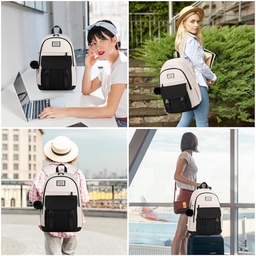 Image of WINDARS School Backpack with Lunch Box for Teen Girls, Cute College Backpacks for Women Students Aesthetic Bookbag Large 15.6 Inch Laptop Bag Middle School Travel Back Pack (Black Beige-3 Pcs)