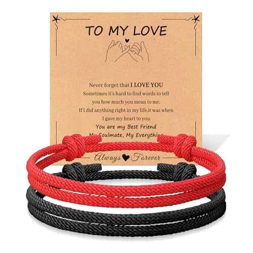 2 Stücke Matching Couple Armbänder für Jahrestag Geschenke Glücksarmband für Gelübde der ewigen Liebe Fernbeziehung Armband für Boyfriend Girlfriend(Schwarz und rot)