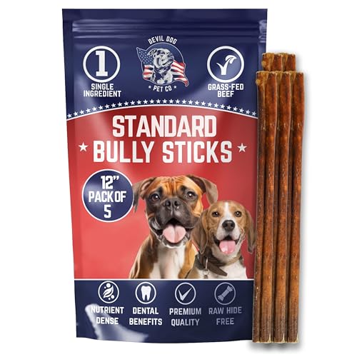 Devil Dog Pet Co. Bully Sticks – 12 Inch, 5 Pack, Standard Sized Dog Chews, 100% Natural, Single Ingredient, Free-Range Grass-Fed Beef – Long Lasting, Rawhide-Free Treats for Dogs