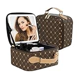 Travel Makeup Bag With 360° rotating LED Mirror,Waterproof cosmetic organizer,Portability Cosmetic case,Makeup organizer,Gift for Women,Girls Gift (Brown)