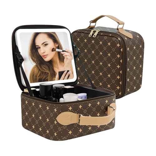 Travel Makeup Bag With 360° rotating LED Mirror,Waterproof cosmetic organizer,Portability Cosmetic case,Makeup organizer,Gift for Women,Girls Gift (Brown)