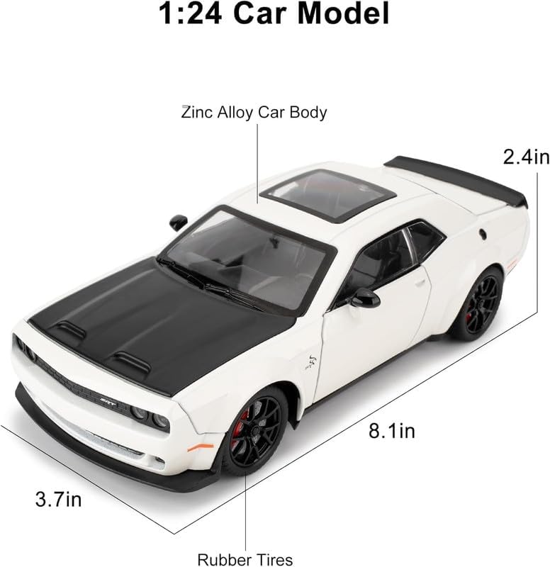 Image of Alokik Enterprise Compatible for 1:24 Dodge Challenger SRT Toy Car Model, Diecast Collectible Pull Back Model Car with Sound and Light, Toy Gift Vehicles for Adults Kids Boys Girls【 White /Black 】