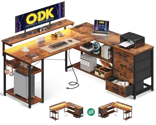 ODK Corner Desk with Drawers, L Shaped Gaming Desk with LED Lights & Power Outlets, Reversible...