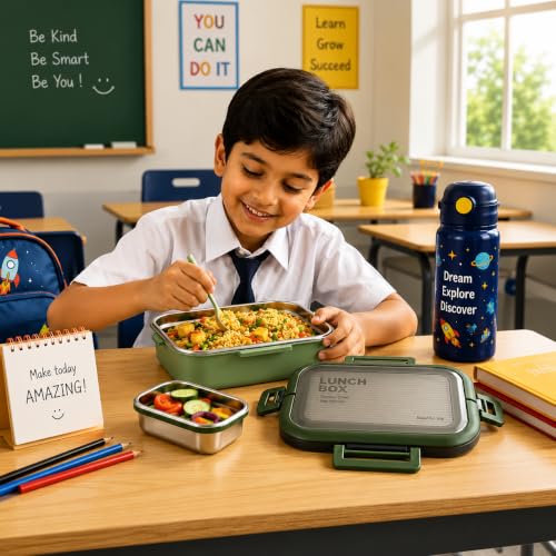 Image of MARKWELL Stainless Steel Lunch Box 700ml + 200ml | Leak Resistant Tiffin Box with Mini Container | BPA Free Lunch Box for Office, School, College, Kids & Travel | Multicolor