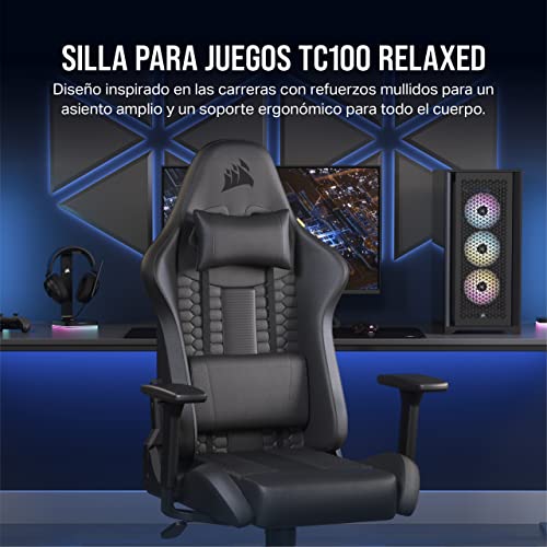 Image of Corsair TC100 Relaxed Gaming Chair - Leatherette - Racing-Inspired Design - Lumbar Pillow - Detachable Memory Foam Neck Pillow - Adjustable Seat Height - Adjustable Armrests - Black