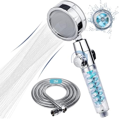 Shower Head and Hose 2M, Universal Shower Heads to Increase High Pressure, Handheld Shower Head with Twin Turbo Fan/Pause Switch/360° Rotating, Water Saving Design Ideal for Home Gym Use (Blue) Cover