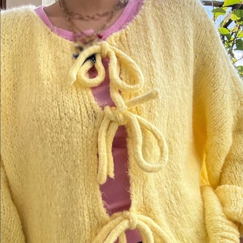 Image of Women Knitted Tie Front Cardigan Tops Casual Knitwear Top Long Sleeve Open Front Baggy Sweater Y2k Girls Outwear