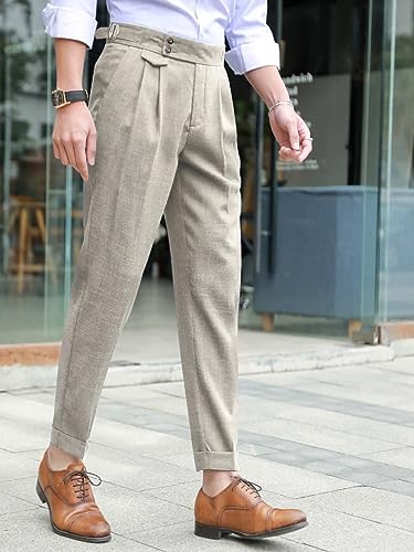 OYOANGLE Men's Buckled Detail Zipper Fly Botton Front Business Suit Pants Work Office Trousers Whit Pockets4