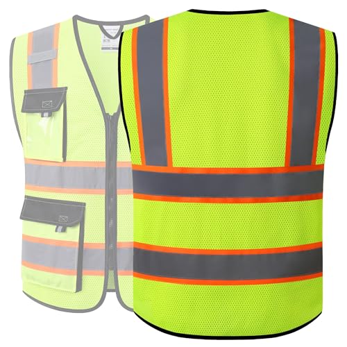 JKSafety High Visibility Yellow Vest with Pockets for Men and Women (L)