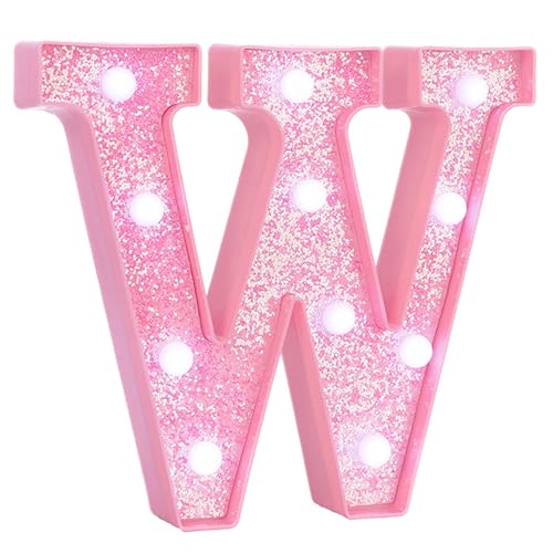 Image of Pink Marquee Light Up Letters, Glitter Alphabet LED Letter Lights for Pink Birthday Party Decorations, Battery Operated Letter Sign for Girls Room Vanity Table Decor, Cool White Lights Letter W