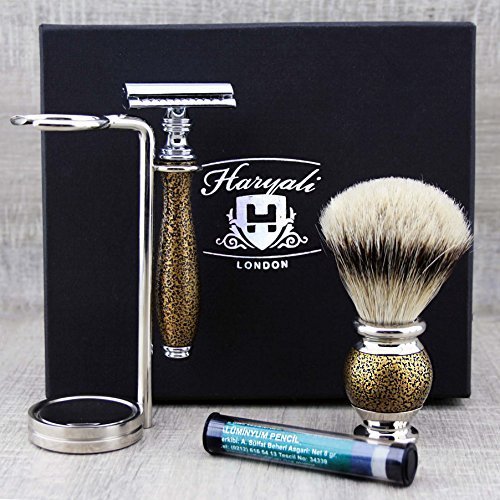 Set di 3 pezzi Premium da uomo con pennello da barba e superficie da rasatura + doppio supporto per due pezzi Set perfetto per l'uso quotidiano -Look vintage