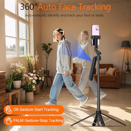 Image of Auto Face Tracking Self Stick Tripod for iPhone with 10 inch Ring Light Hands-Free 360Adjustable 70.9 Inch Smart Phone Stand with Remote for Content Creator Vlog Video Recording