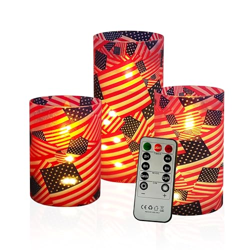 Image of Patriotic Flickering Flameless Candles Stars and Stripes US Flag, Embedded Star String Lights, Battery Operated Acrylic LED Pillar Candles with 11-Key Remote and Timer for Home Decoration, 3 Pack